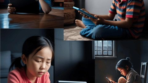 Young child sitting on a couch using a tablet with tired eyes