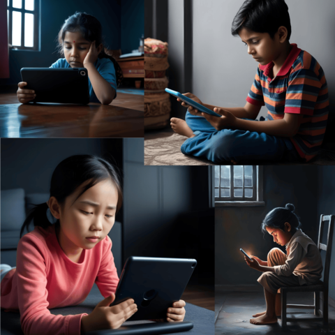 Young child sitting on a couch using a tablet with tired eyes