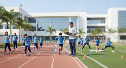 Certified athletics coaches training students in school athletics program