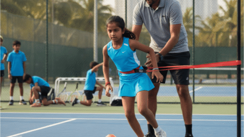 Young tennis player in Mumbai performing sports-specific body conditioning exercises under professional coach supervision