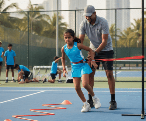 Young tennis player in Mumbai performing sports-specific body conditioning exercises under professional coach supervision